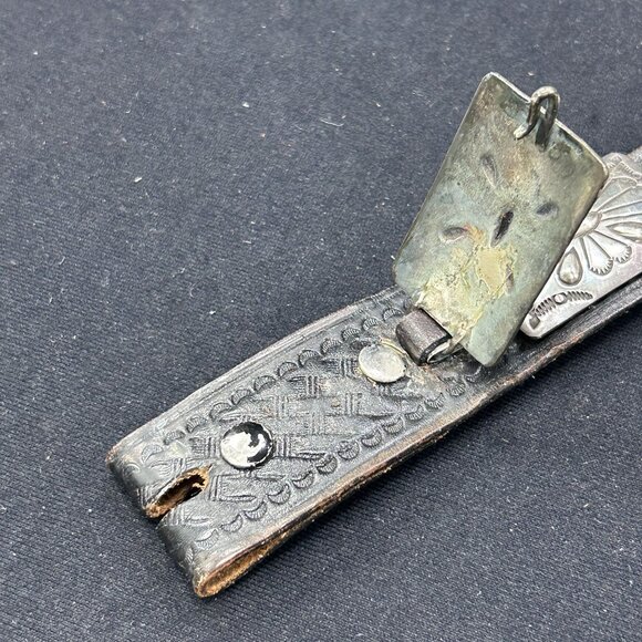 Antique Sterling Silver 11pc Rectangular Concho Belt, Genuine Leather Belt main image 6